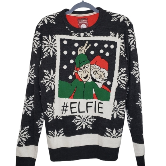 Brave Soul Ugly Christmas Sweater Sz Large Charcoal Grey Snowflakes Santa Unisex - Picture 12 of 12